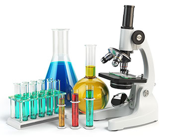 Microscope with flasks and vials. Chemistry labratory tools. 3d illustration